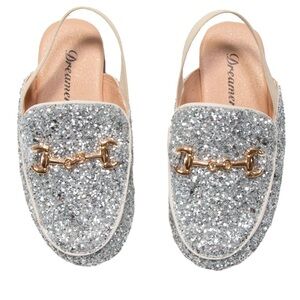 Dreamers Silver Glitter Girls' Slingback Loafers with Gold Bit